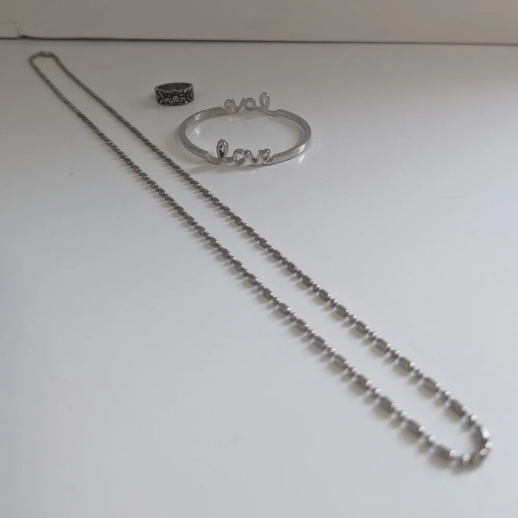 3pc Jewelry Set (Beaded Chain Necklace, "LOVE" Bracelet'  Rhinestone Ring) - Picture 2 of 7